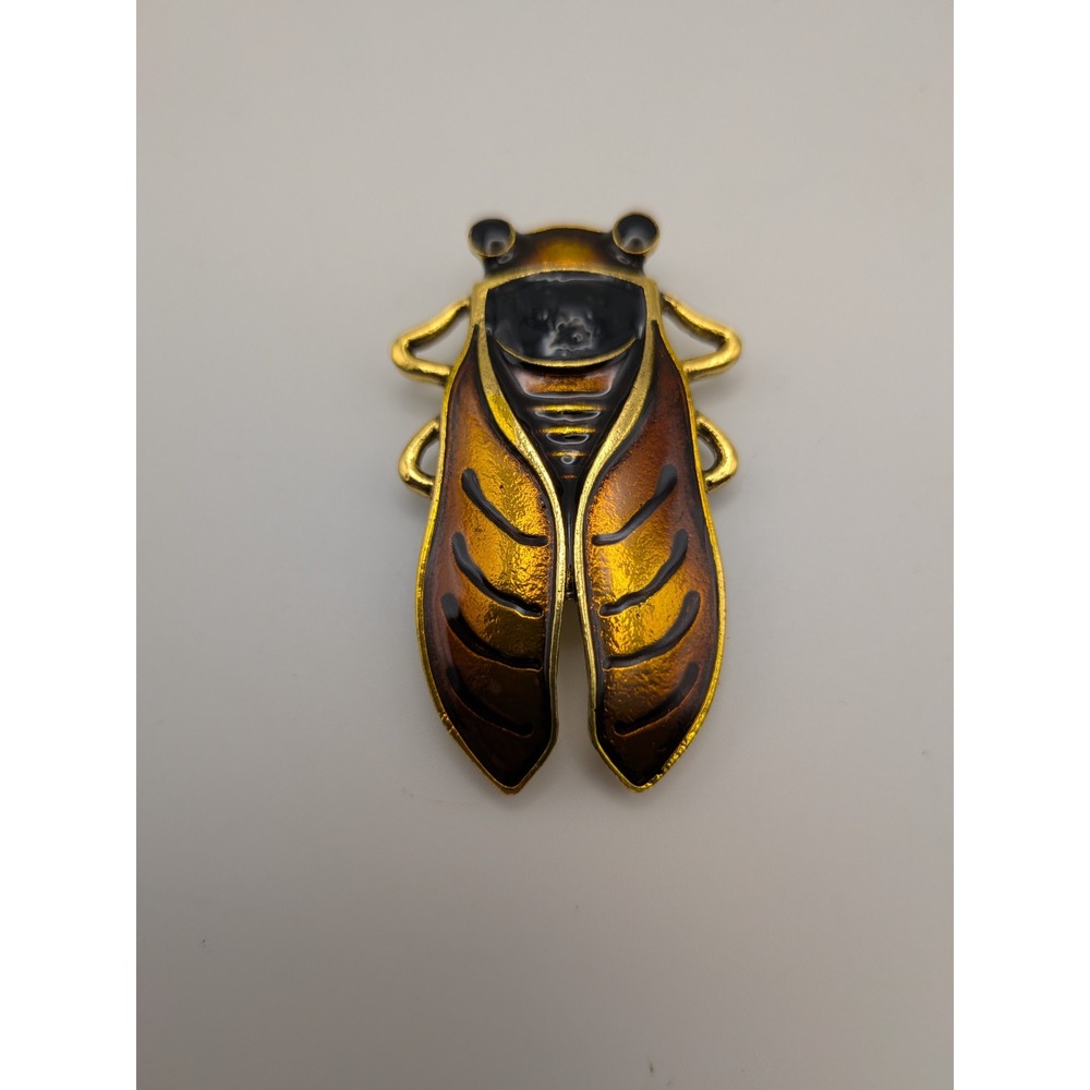 Gold Tone Enamel Cicada Insect Brooch Pin Amber Brown Nature Jewelry 1.75 Inch